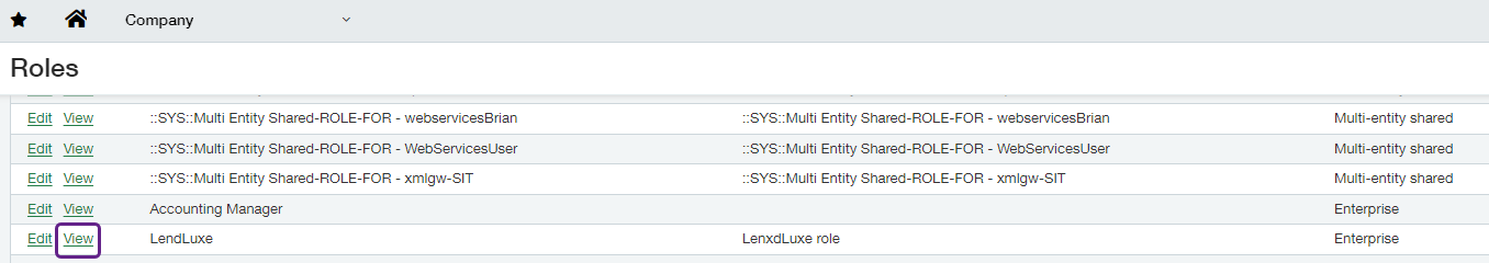 Screenshot of Sage Intacct interface displaying the Roles list with the View button outlined on the line with the role created in the previous steps.